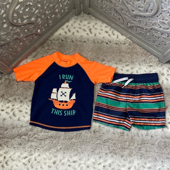 Carter’s beach set boys 2T I Run This Ship rashguard swim trunks pirates summer - Picture 1 of 12